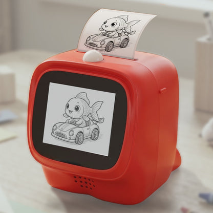 talkbox AI voice sticker printer: the spoken prompt "A goldfish driving a classic sports car" on its screen, then printed as a black and white sticker