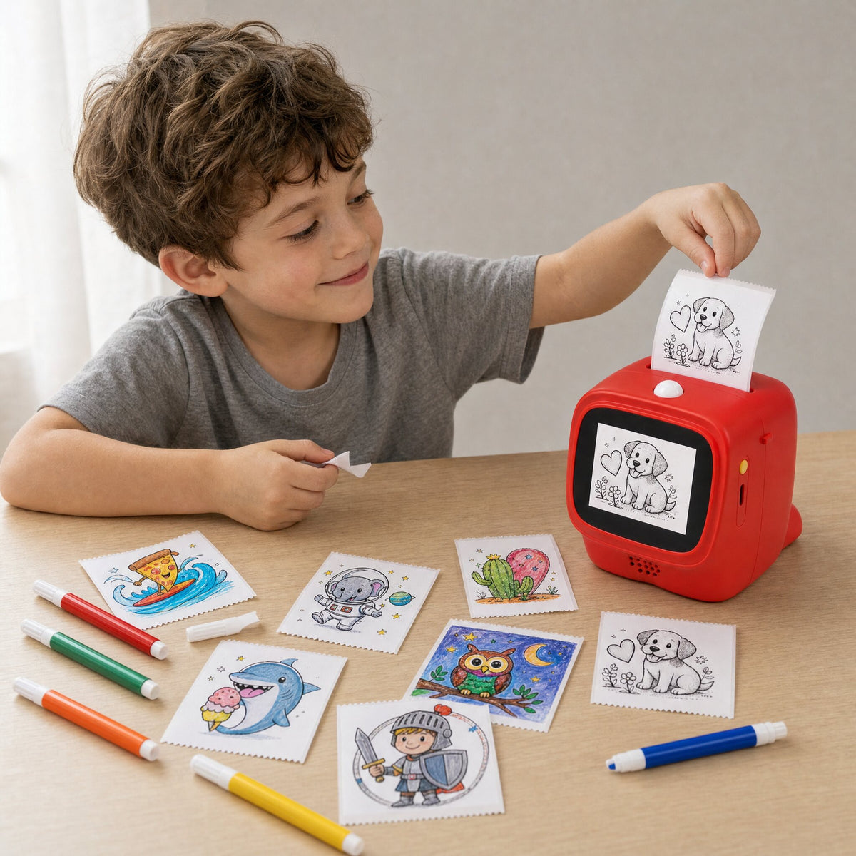 a boy pulls a freshly printed heart and puppy sticker label from the red talkbox AI voice sticker printer, beside stickers he coloured in with felt-tip markers