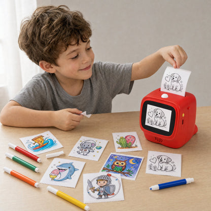 a boy pulls a freshly printed heart and puppy sticker label from the red talkbox AI voice sticker printer, beside stickers he coloured in with felt-tip markers