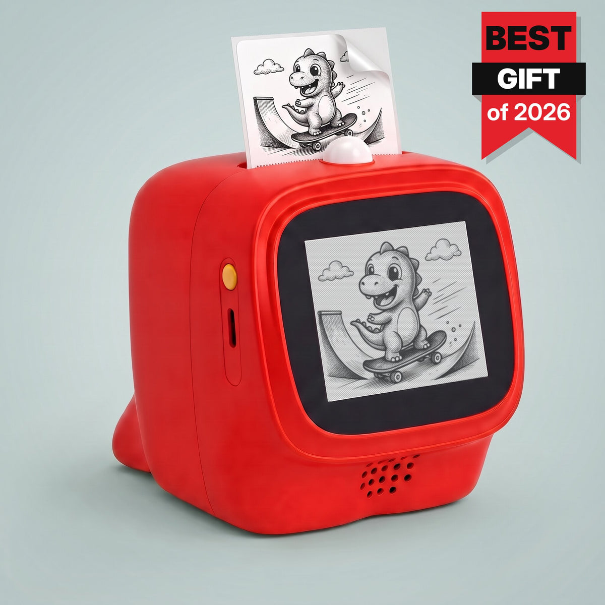 red talkbox AI voice sticker printer with a peel-off sticker of a dinosaur on a skateboard coming out of the top and the same drawing on its screen, with a Best Gift of 2026 ribbon