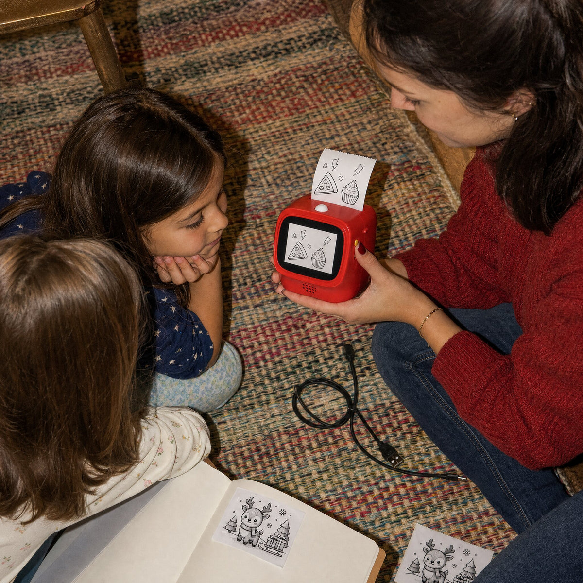 a woman holds the red talkbox AI voice sticker printer while two girls watch a pizza and cupcake drawing on its screen, with the same drawing printed on a sticker label coming out of the top