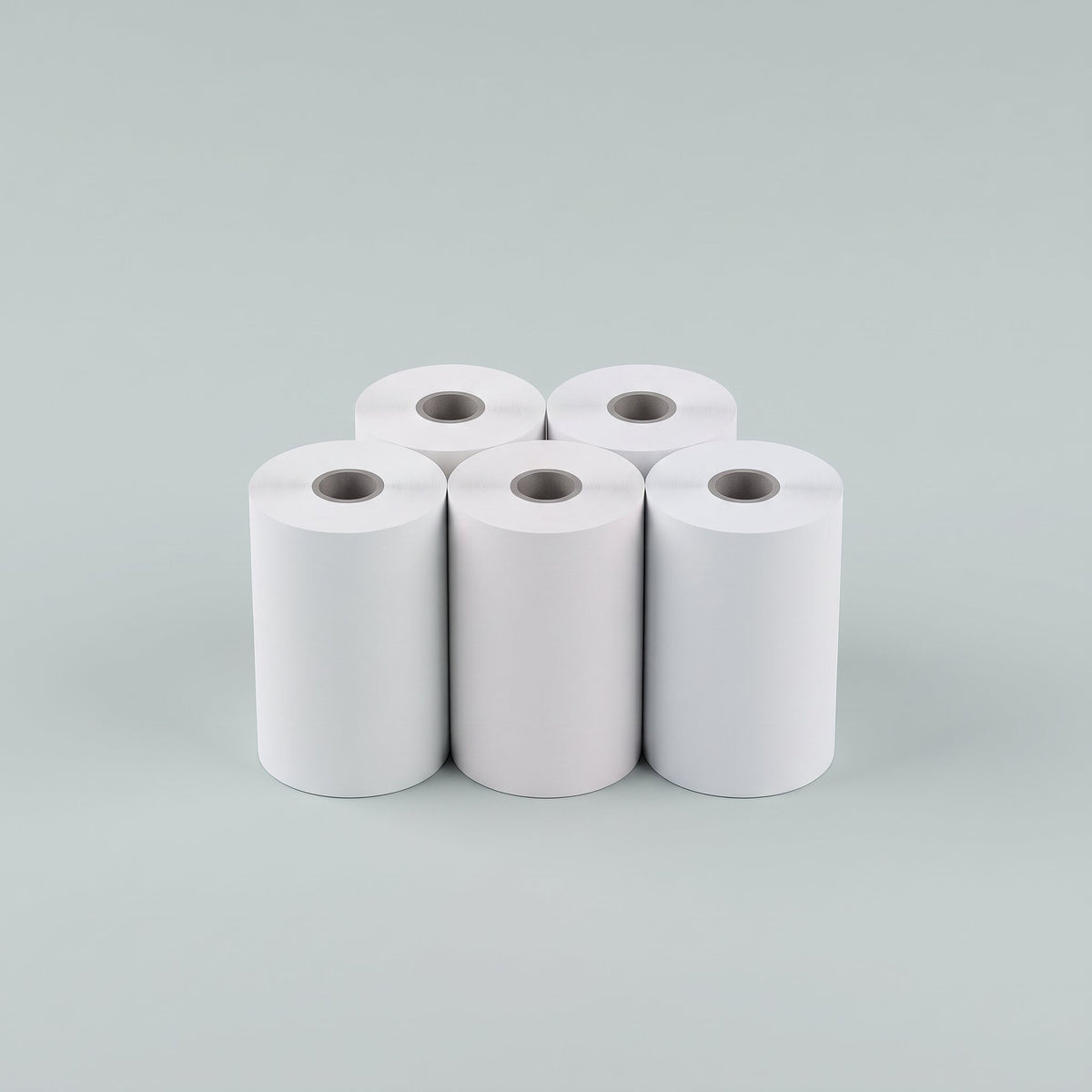 5-pack of white talkbox sticker paper rolls standing upright