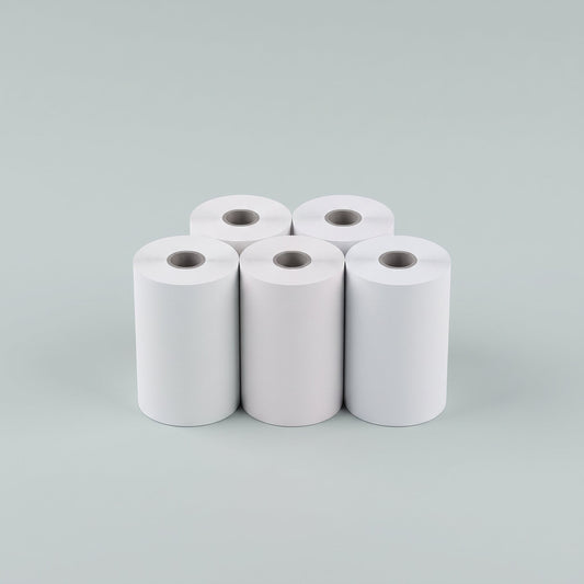 5-pack of white talkbox sticker paper rolls standing upright